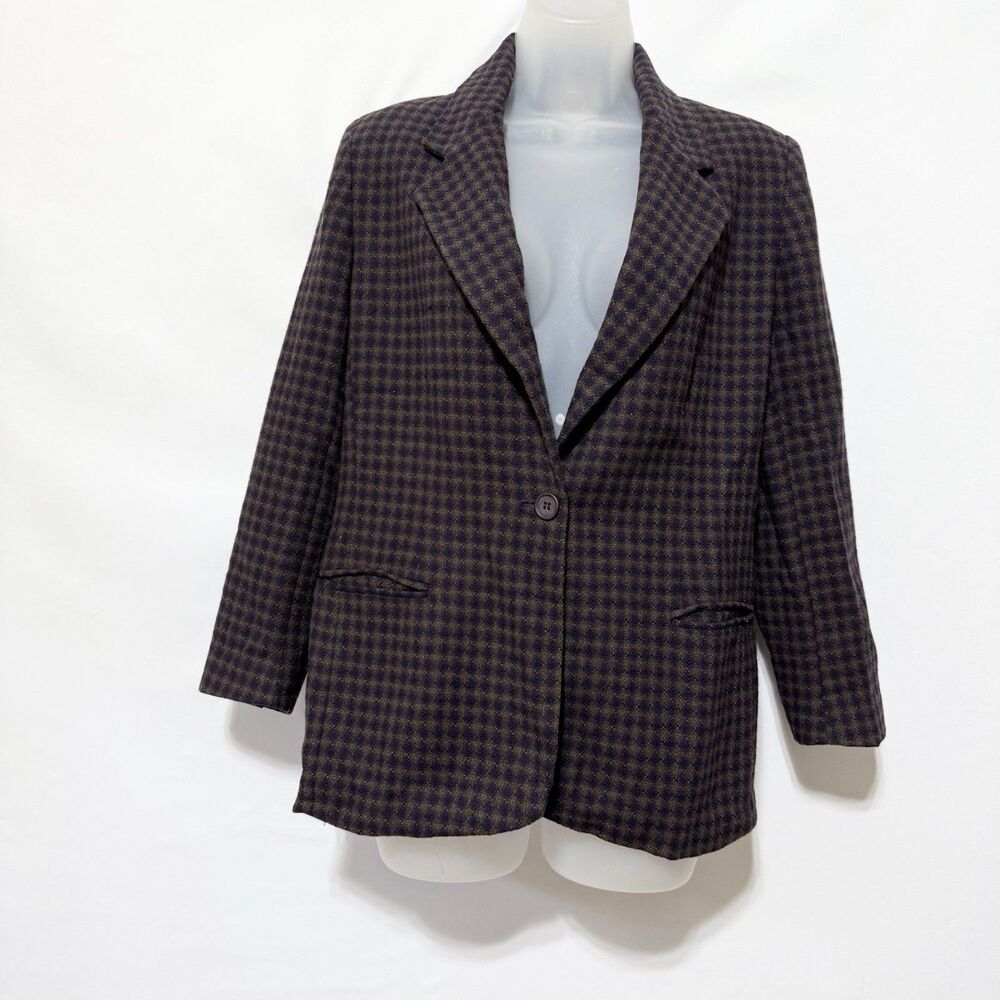 Leslie Fay Petite 6P Wool Blend Blazer Purple Green Houndstooth Plaid Jacket